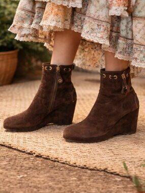 Original Car Shoe Prada Chocolate Suede Gold Tone Eyelet Wedge, Size 36.5